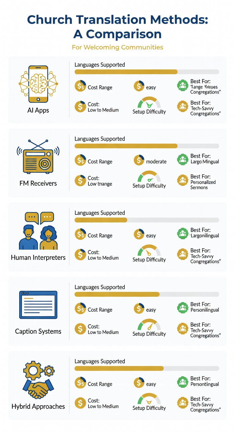 Infographic comparing five church translation system types by cost, languages, and setup complexity