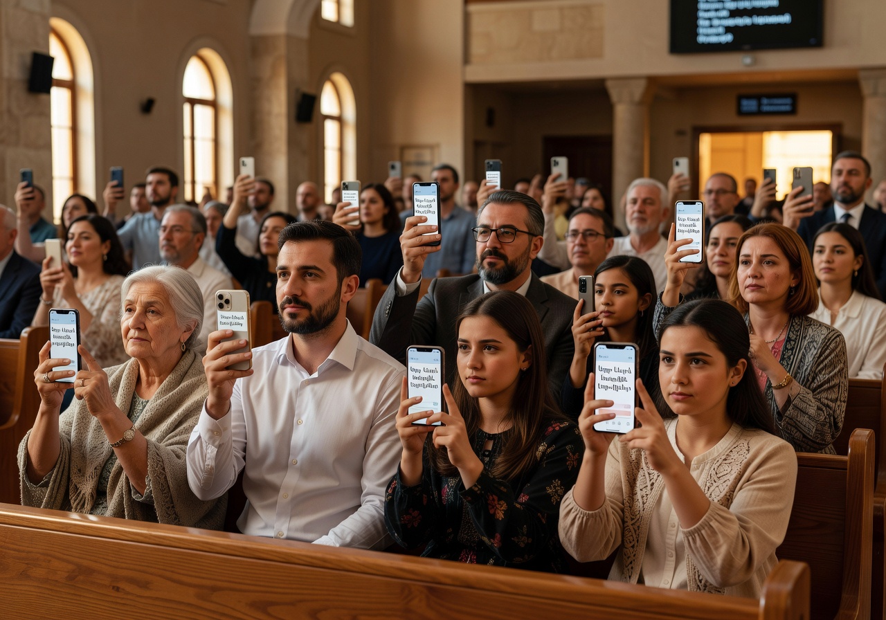 Diverse congregation using smartphones for real-time Armenian translation during church service