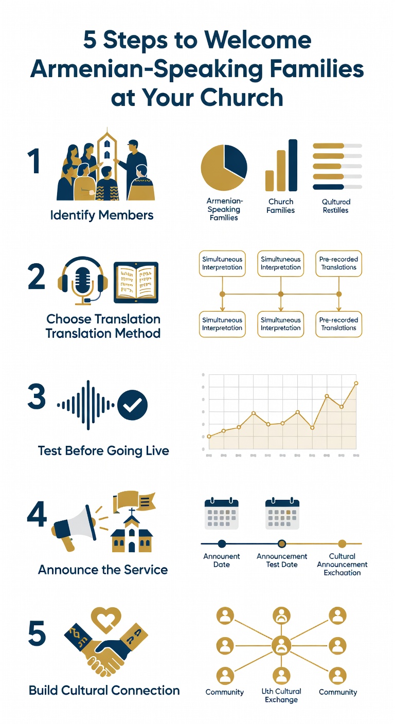 Infographic showing 5 steps to welcome Armenian-speaking families at your church with real-time translation