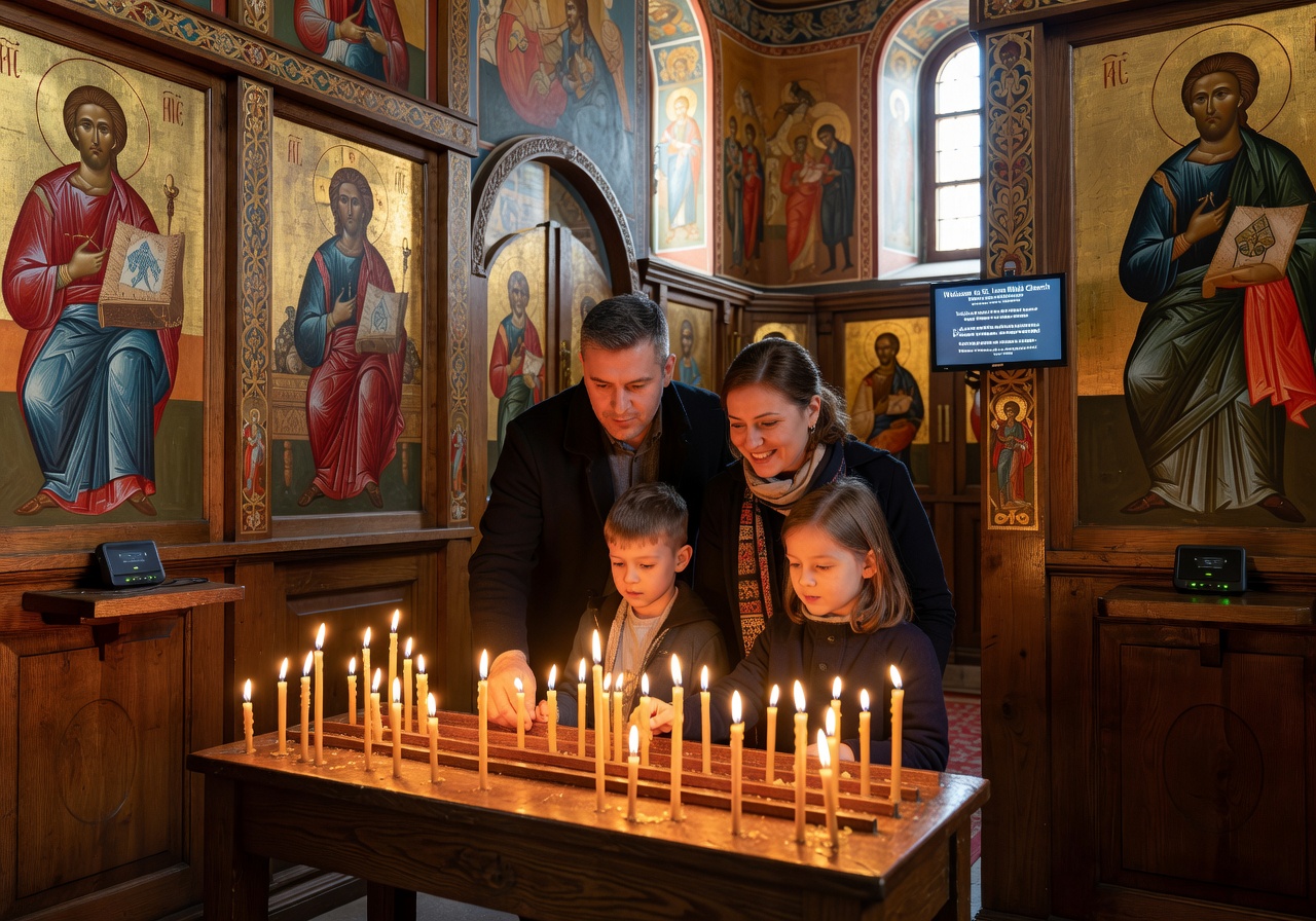 Bulgarian Orthodox church interior with hand-painted icons and candles, family lighting candles in warm reverent atmosphere