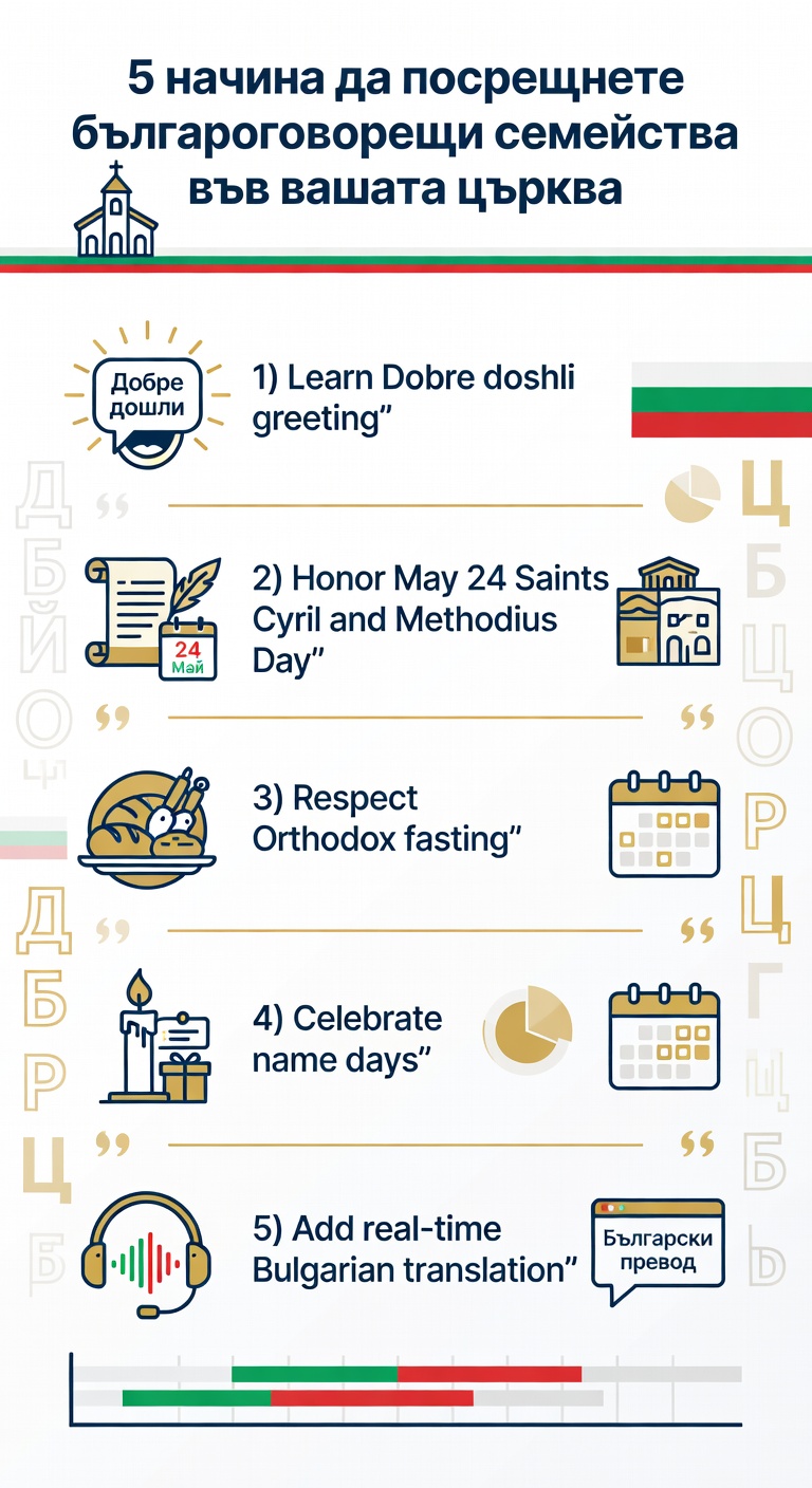 Infographic: 5 ways to welcome Bulgarian families to your church — Dobre doshli greeting, Cyril and Methodius Day, Orthodox fasting respect, name days, real-time translation