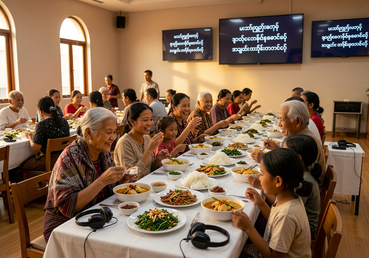 Burmese and Karen families sharing a fellowship meal at church