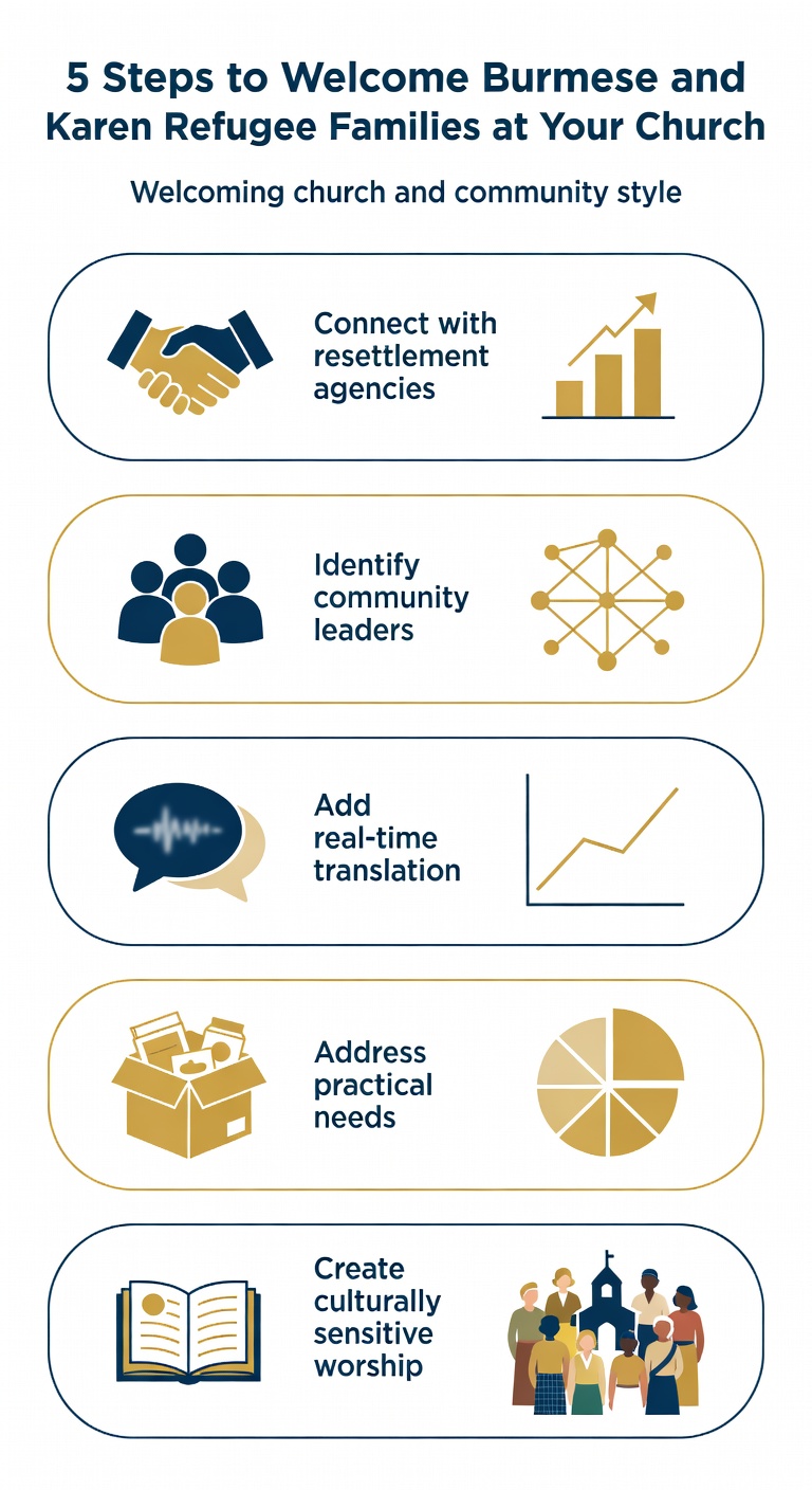 Infographic showing 5 steps to welcome Burmese and Karen refugee families at your church