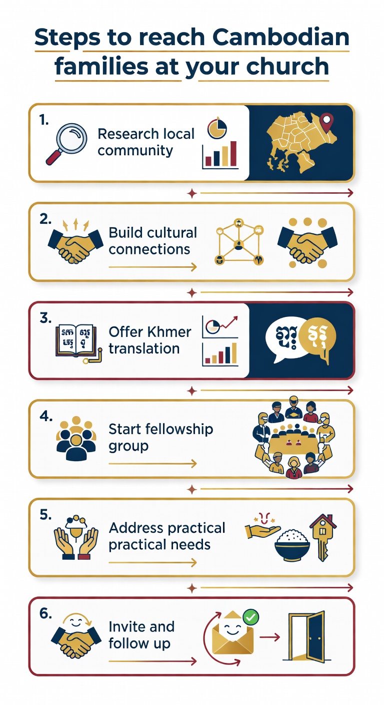 Infographic showing 6 steps to reach Cambodian families at your church including research community, build cultural connections, offer Khmer translation, start fellowship group, address practical needs, and invite and follow up