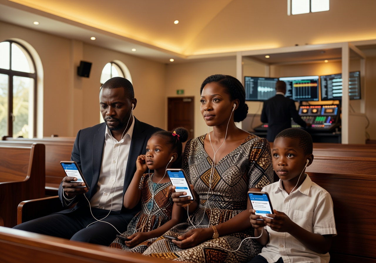 Congolese family listening to a sermon translated into Lingala and French through earbuds on their phones