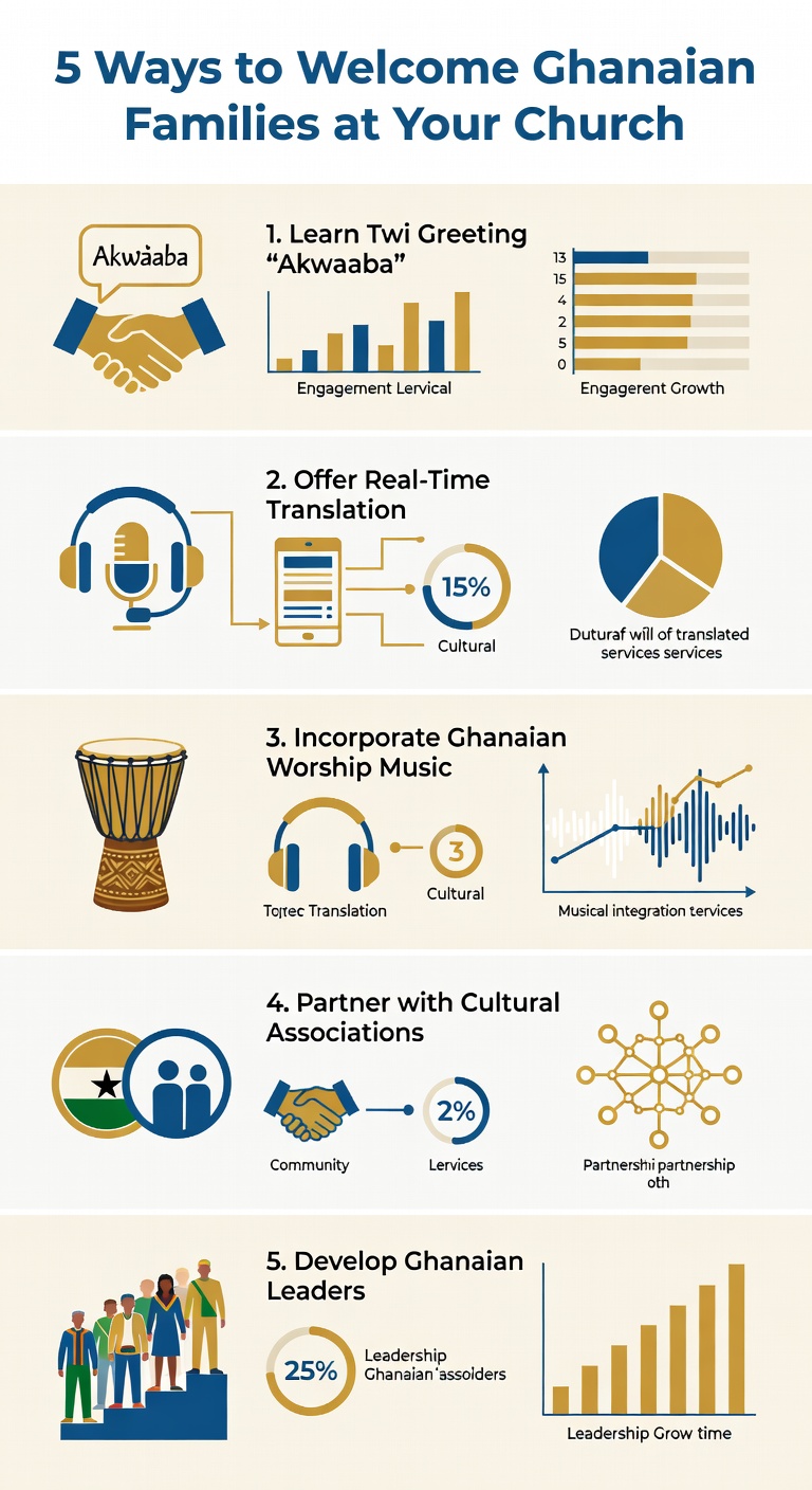 Infographic showing 5 ways to welcome Ghanaian families at your church including Twi greetings, real-time translation, Ghanaian worship music, cultural partnerships, and developing Ghanaian leaders