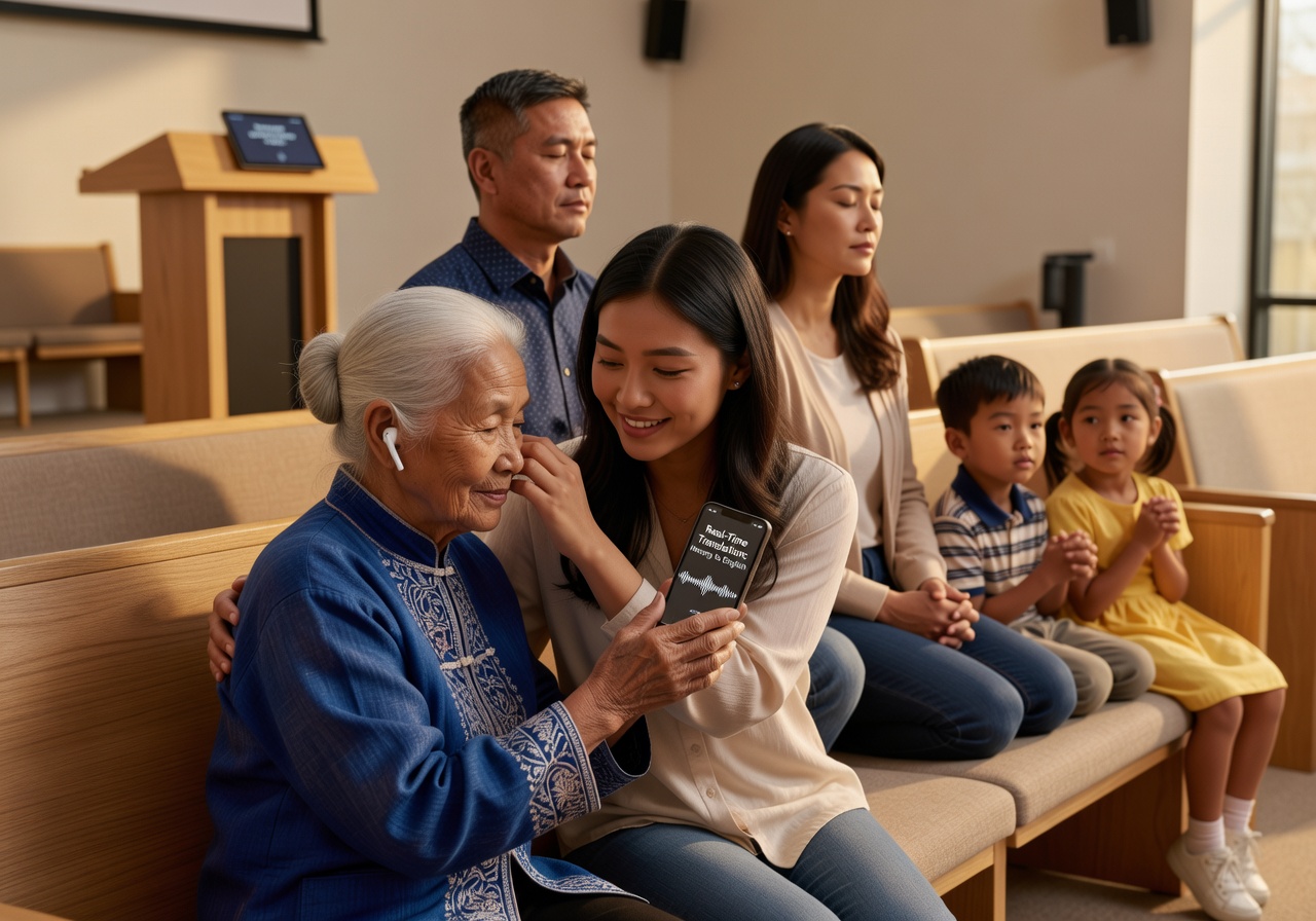Multigenerational Hmong family worshiping together in church with real-time translation on their phones