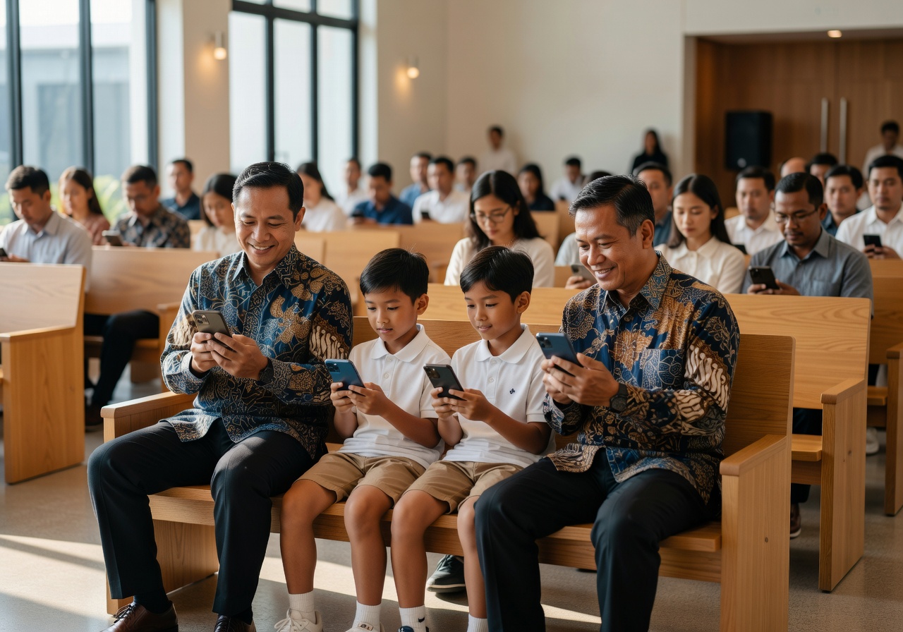 Indonesian family following church service with real-time translation on smartphones in multicultural congregation