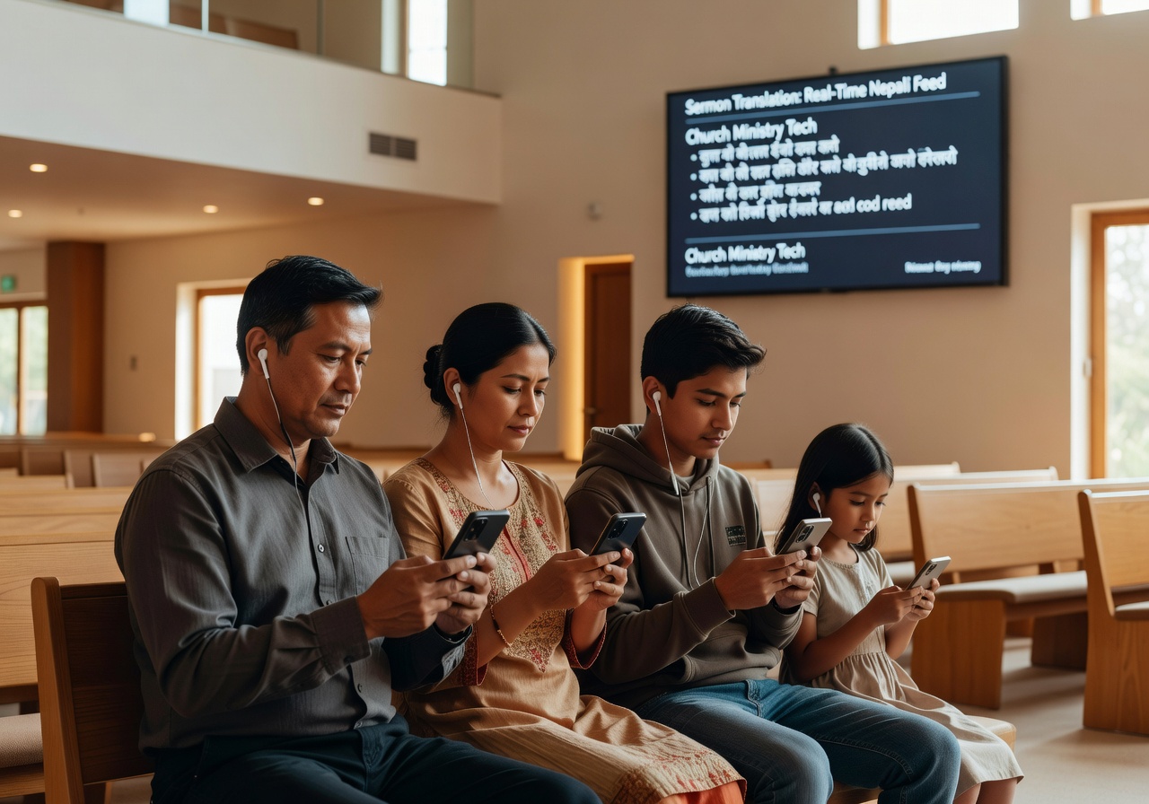 Nepali family listening to a church sermon with real-time translation through earbuds