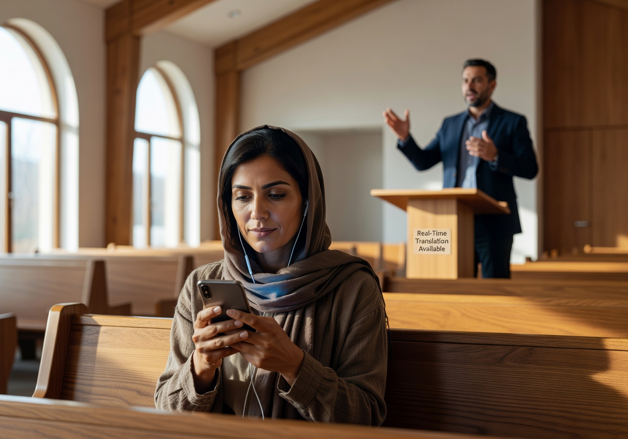 Persian family member listening to real-time Farsi translation on smartphone with earbuds during a church service