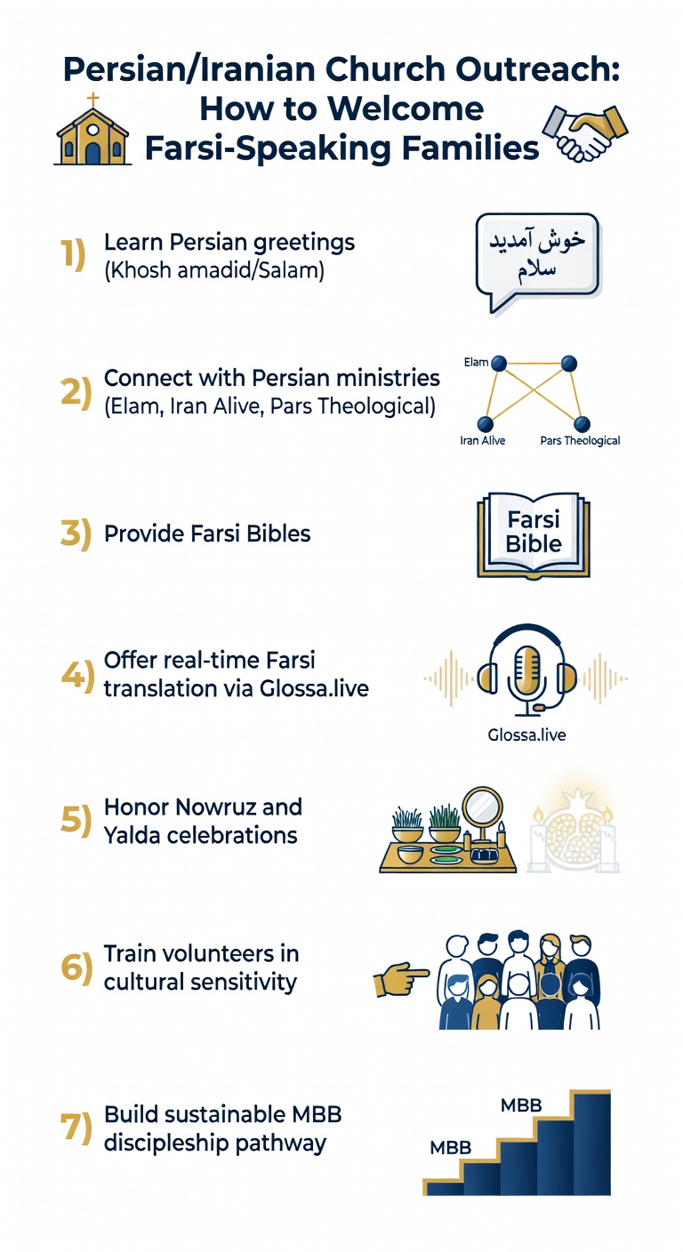 Infographic showing seven steps to welcome Persian and Farsi-speaking families at your church