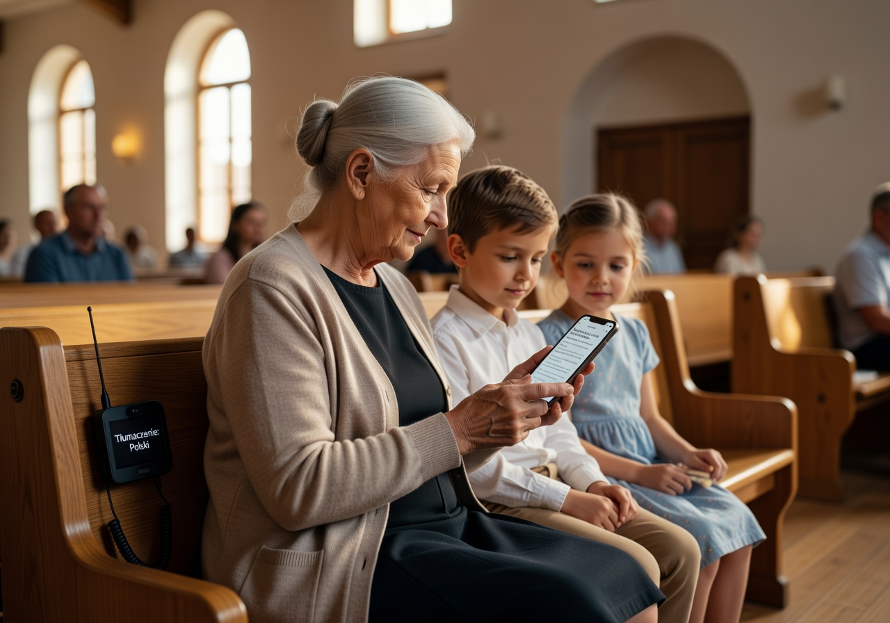 Polish grandmother reading a real-time translated sermon on her phone while sitting in a church pew with her grandchildren