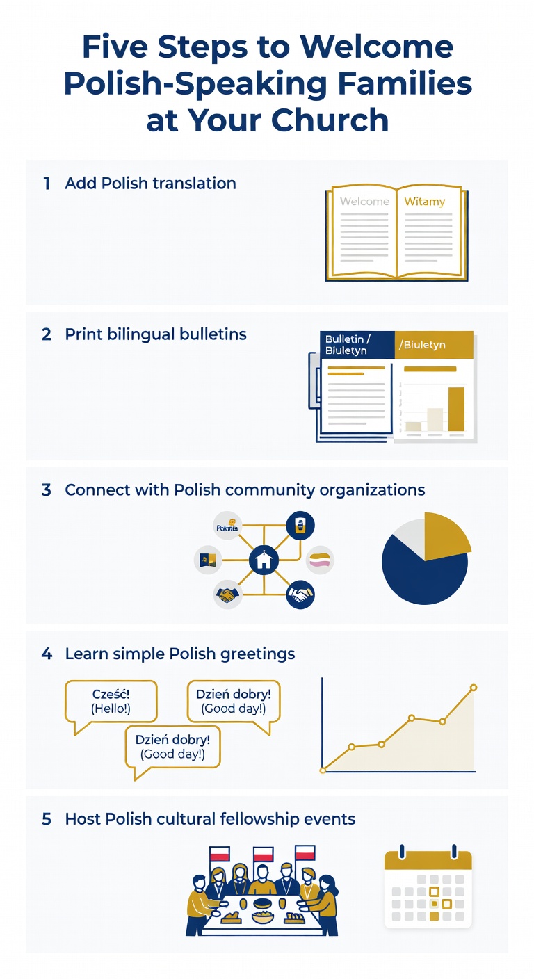 Infographic showing five steps to welcome Polish-speaking families at your church
