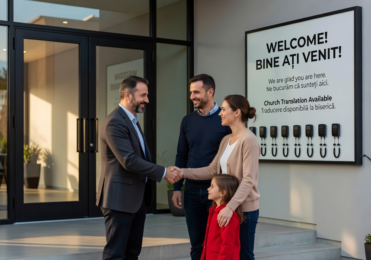 Church pastor welcoming Romanian-speaking immigrant family with warmth and hospitality