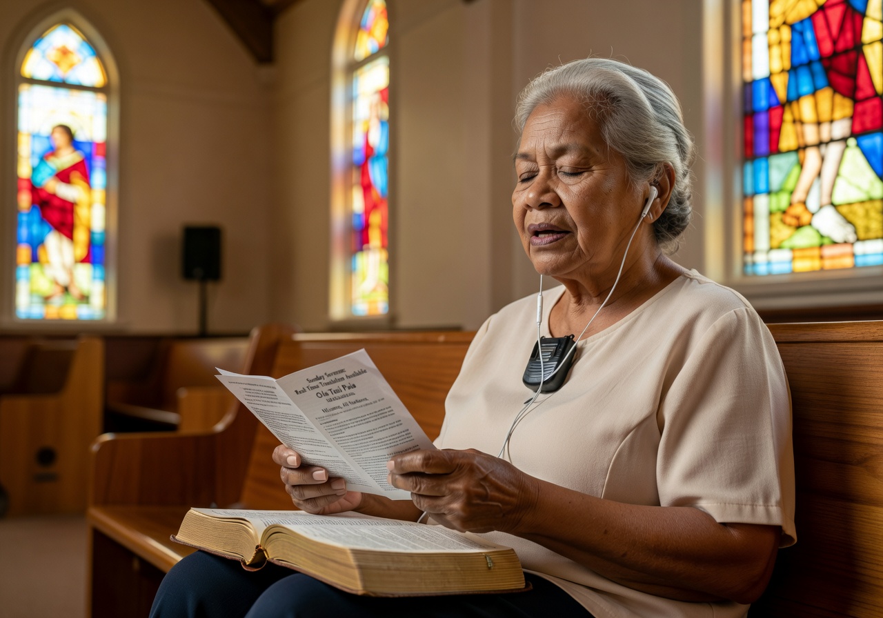 Samoan grandmother listening to a real-time translated sermon in Samoan through phone earbuds during a Sunday service