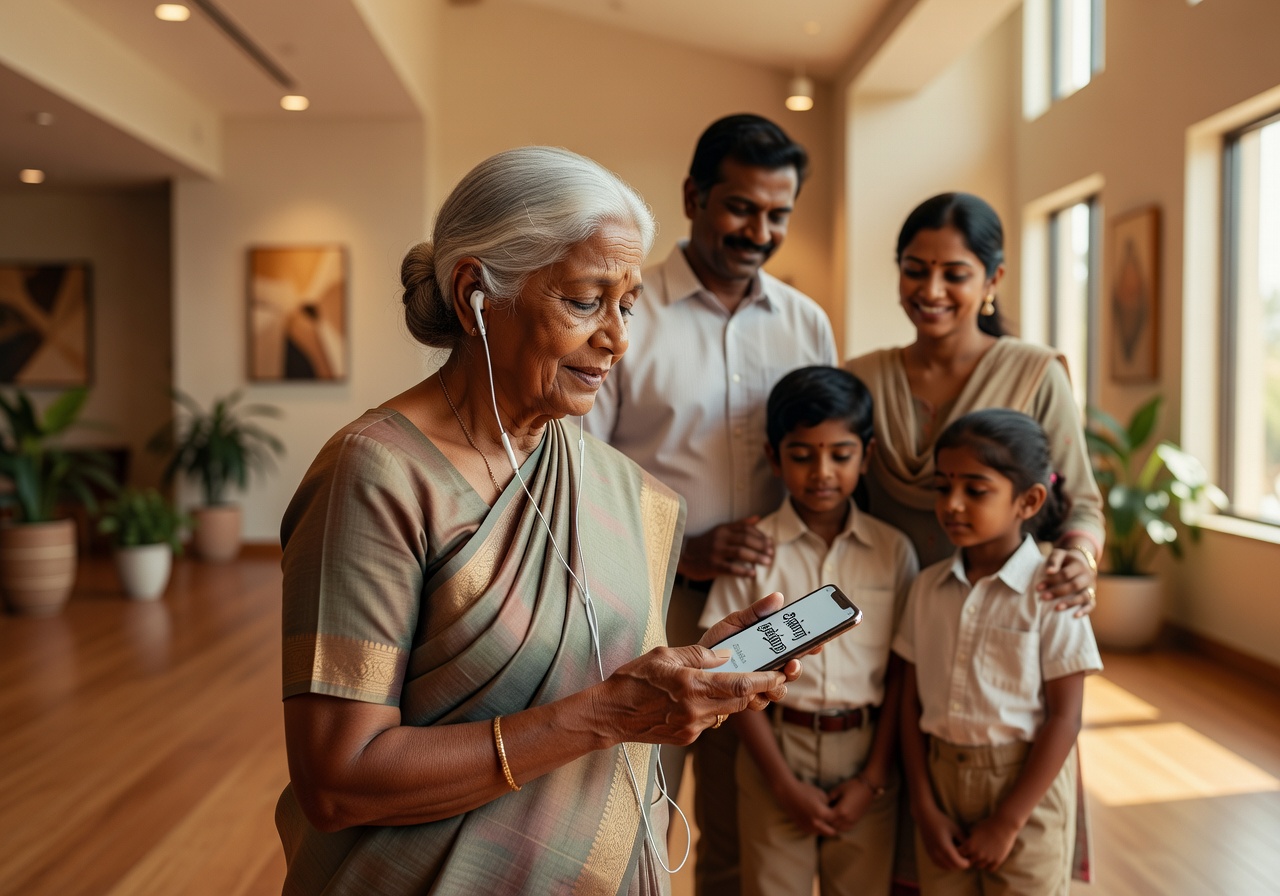 Tamil grandmother listening to a sermon translated into Tamil through earbuds on her phone