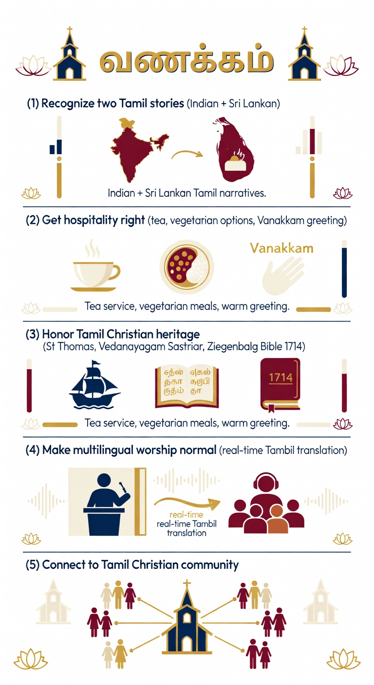 Tamil Church Welcome Checklist infographic: 5 practical steps for welcoming Tamil families