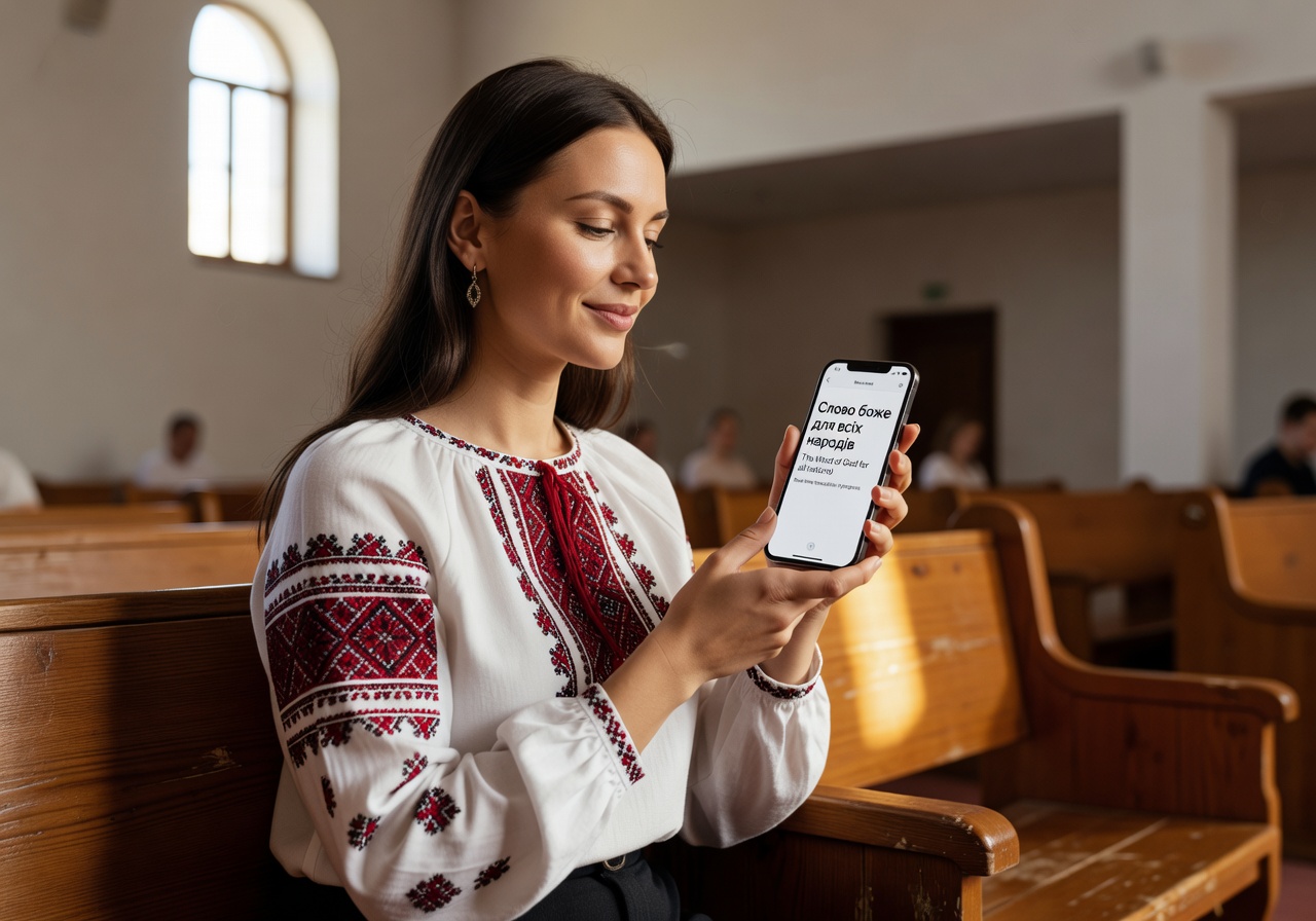 Ukrainian woman in a vyshyvanka following a real-time translated sermon on her phone in church