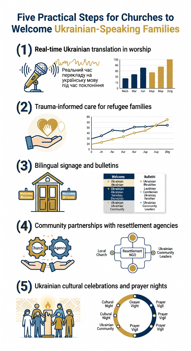 Infographic showing five steps for welcoming Ukrainian families at your church